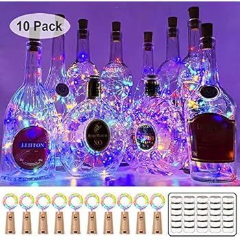 MUMUXI 10 Pack 20 LED Wine Bottle Lights with Cork, 3.3ft Silver Wire Cork Lights Battery Operated Fairy Mini String Lights for Liquor Bottles Crafts Party Wedding Halloween Christmas Decor,Colorful