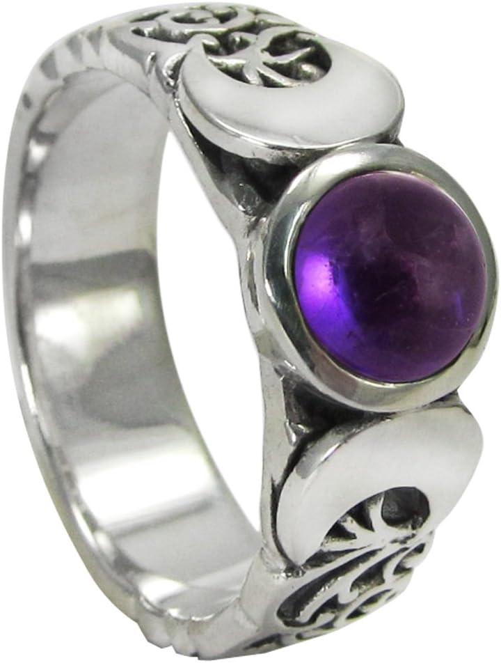 Sterling Silver Triple Crescent Moon Ring with Natural Amethyst (sz 4-15)