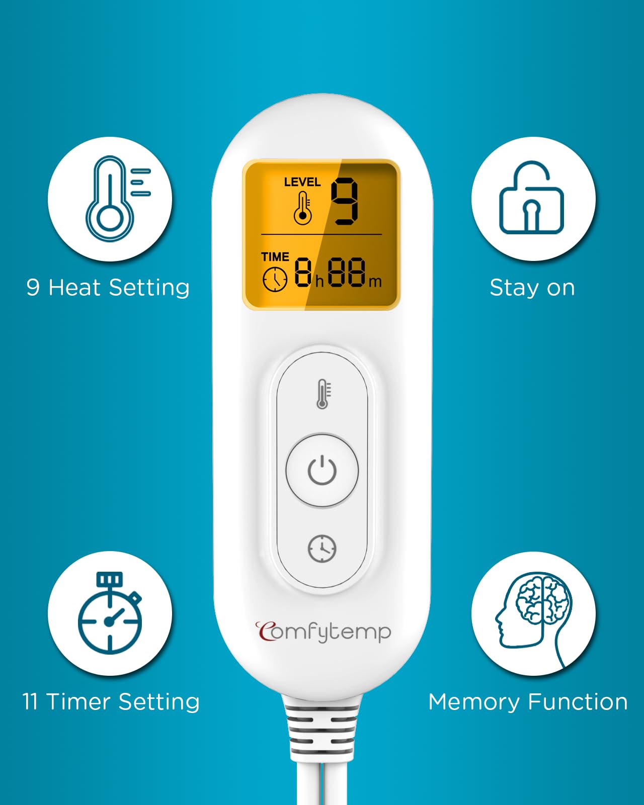 Heating Pad Upgraded, Comfytemp Electric Heat Pad | 9 Heat Setting, Stay On, 11 Timers Auto-Off, Ultra-Soft | 12 x 24 Inch Heated Pad for Cramps, Back Pain Relief, Neck and Shoulders, Machine Washable