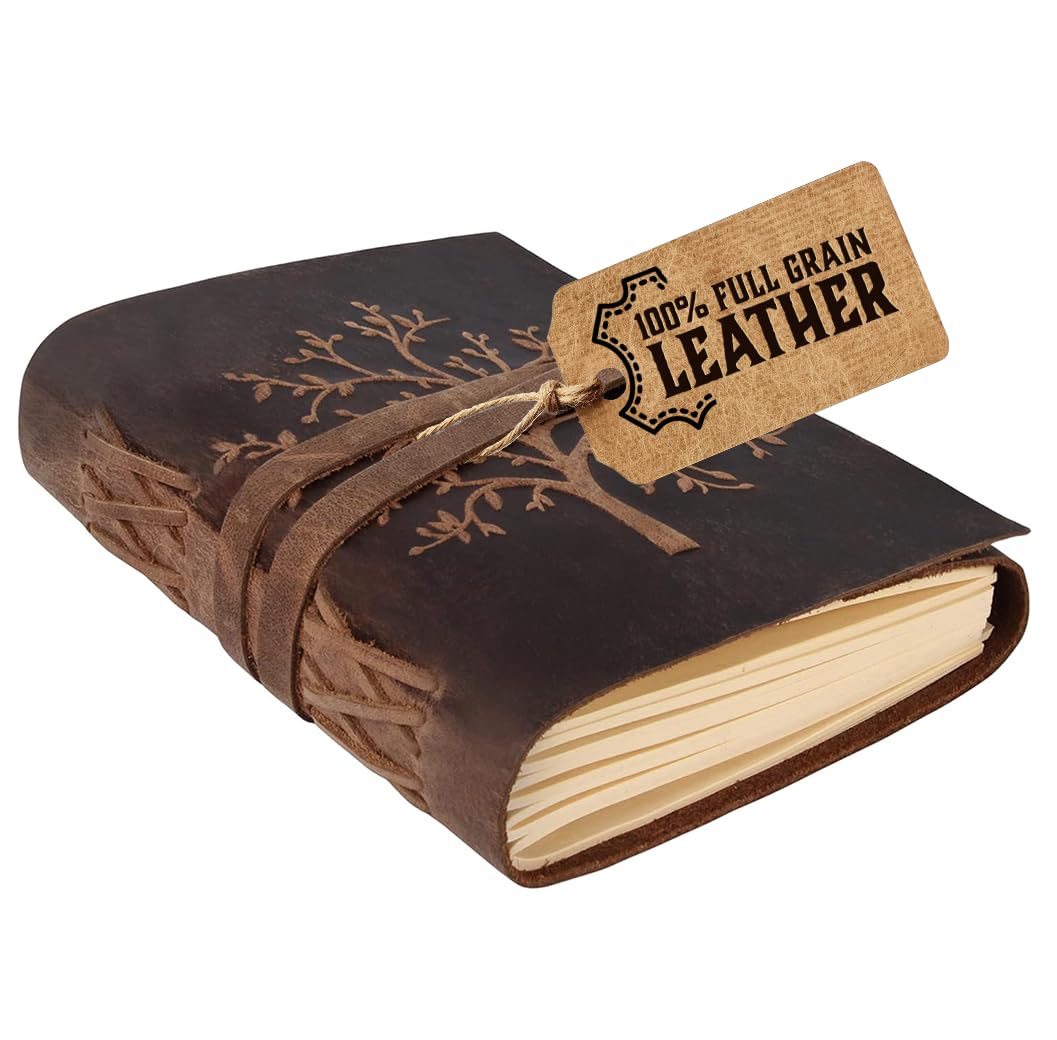 moonster Vintage Leather Journal Notebook – Embossed Tree of Life Diary for Journaling, Writing & Notes – Handmade and Refillable Diary - 400 Pages Collage Ruled Lined Paper, 8x6