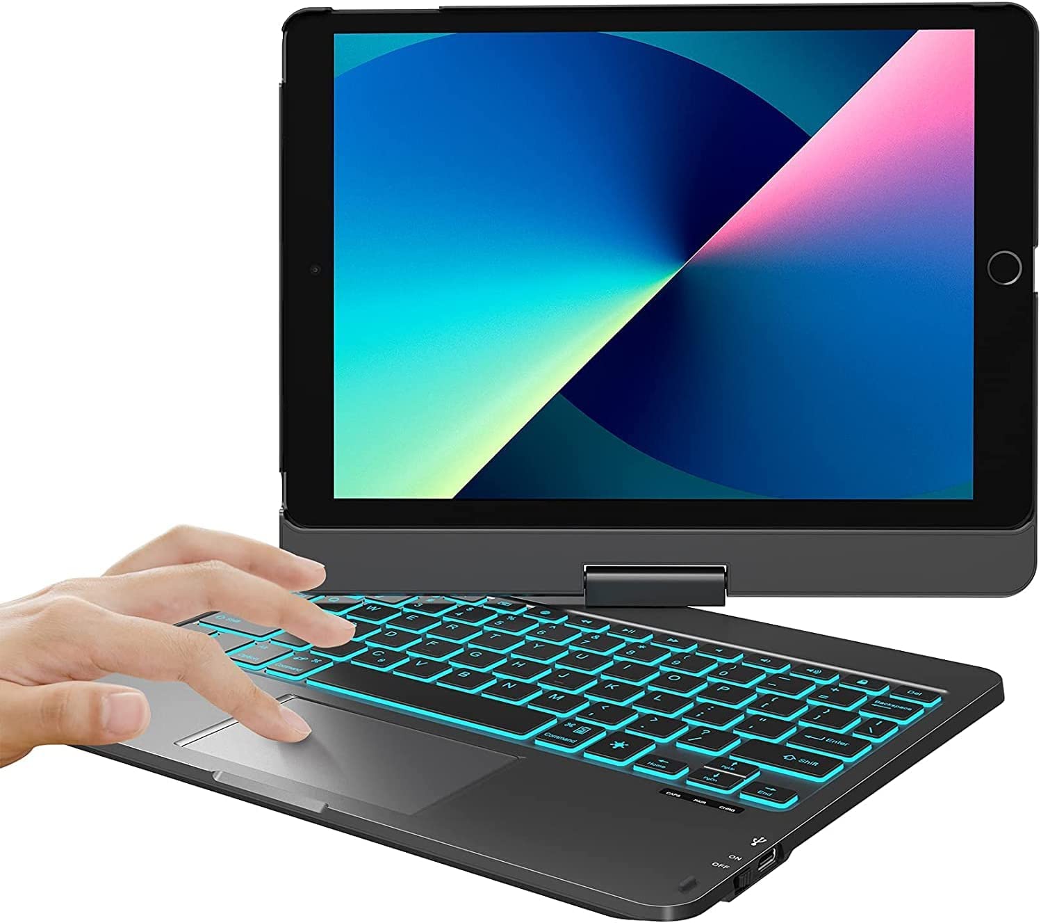 CHESONA iPad Keyboard case with Touchpad for 10.2 Inch iPad 2020(8th Gen)/iPad 2019(7th Gen), 10.5 Inch iPad Air 3, iPad Pro, 7 Color Backlit, ​360° Rotatable, QWERTY UK Layout, Pencil Holder