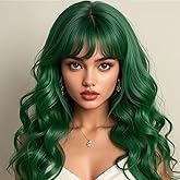 Sallcks Womens Long Curly Wavy Green Wig with Bangs Synthetid Heat Resistant Halloween Cosplay Costume Wigs