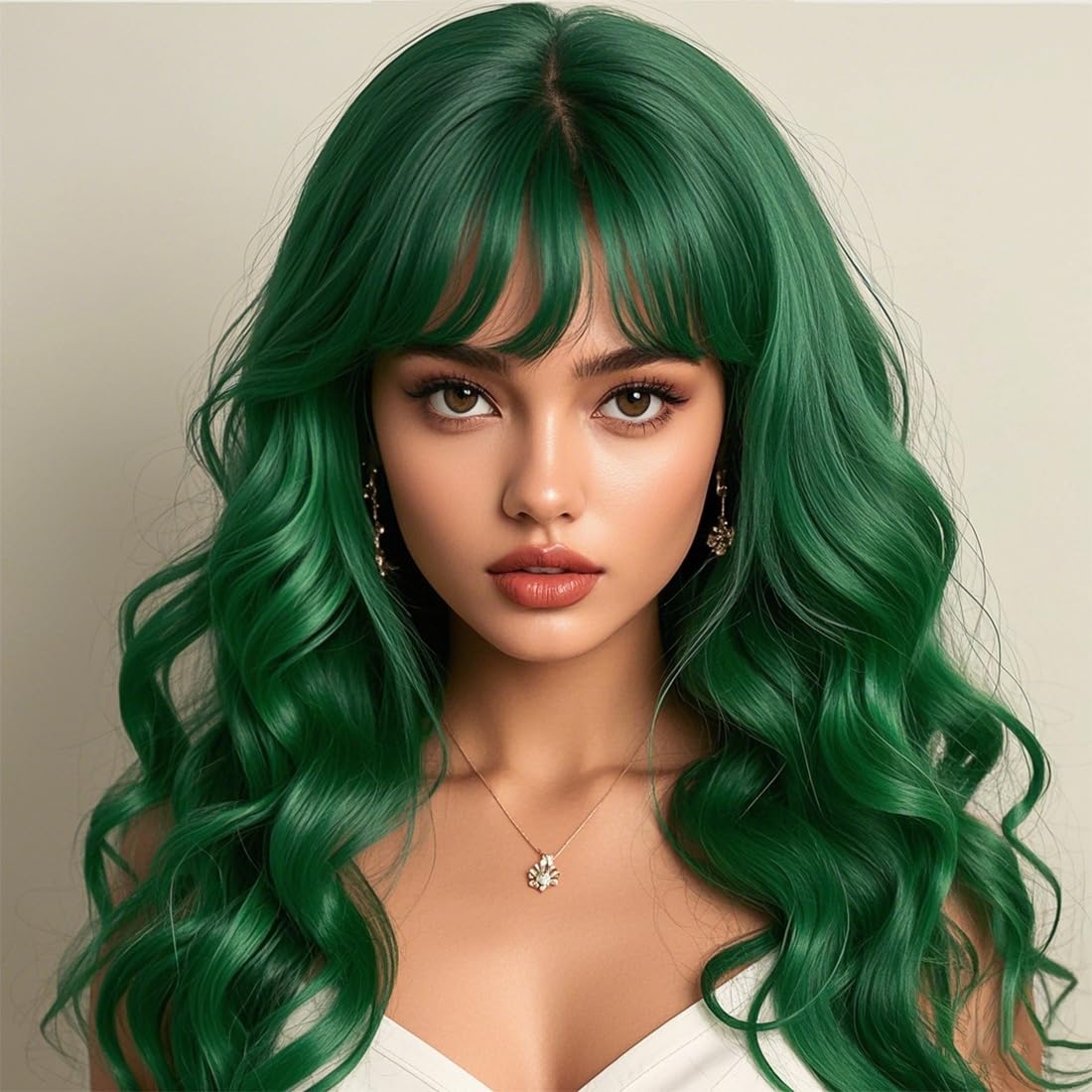 Photo 1 of Sallcks Womens Long Curly Wavy Green Wig with Bangs Synthetid Heat Resistant Halloween Cosplay Costume Wigs
