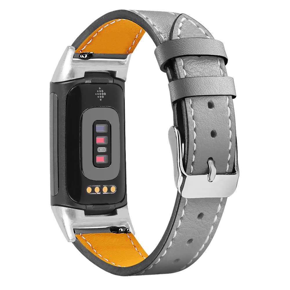 Gimuk Compatible with Fitbit Charge 5 Strap for Women Men, Genuine Leather Adjustable Sports Strap Replacement Wristband for Charge 5 Tracker Small Large (Grey) — image 1