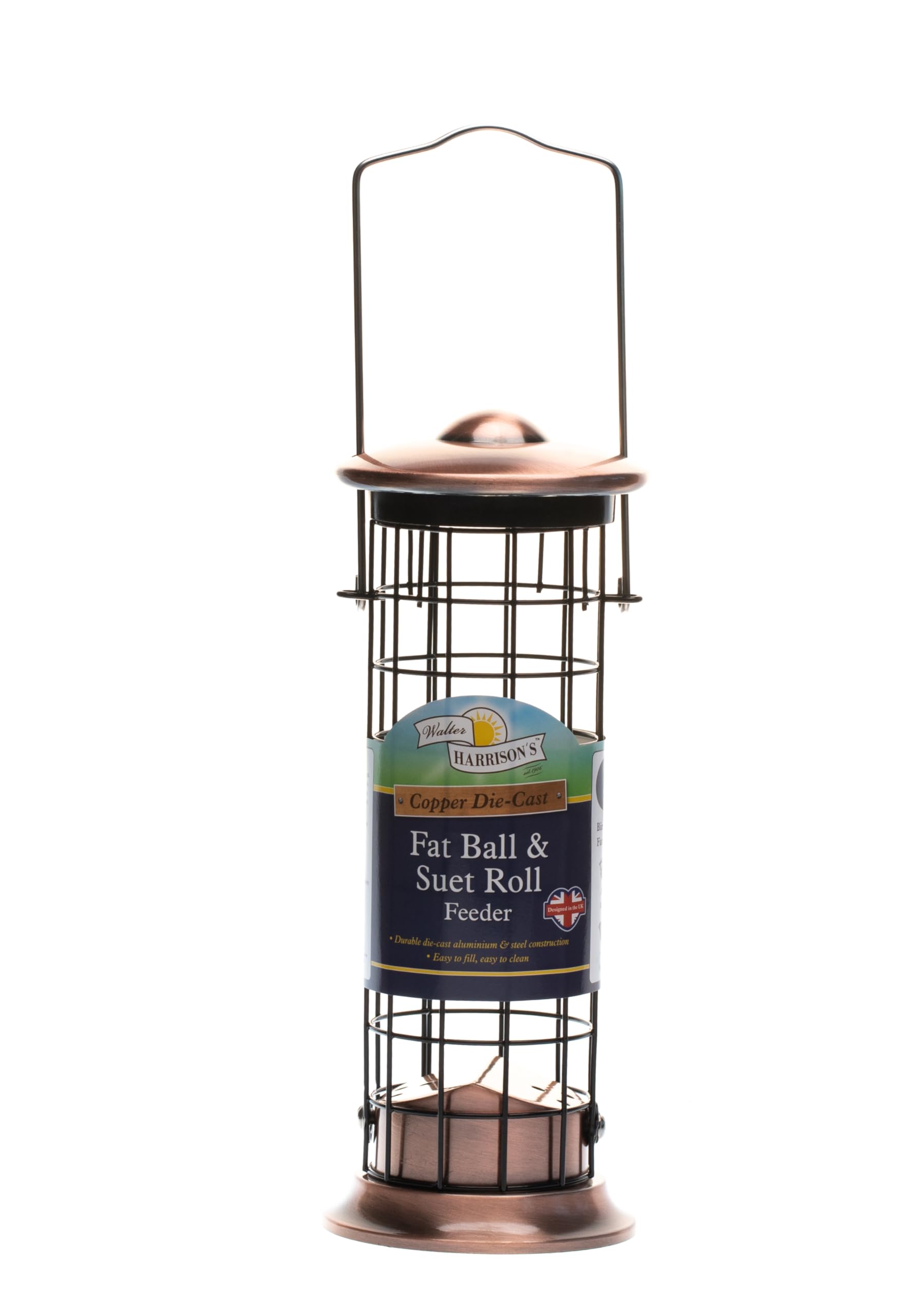 Walter Harrison's Copper Plated Die Cast Wild Bird Suet Roll and Fat Ball Hard-Wearing Hanging Feeder - 20 cm