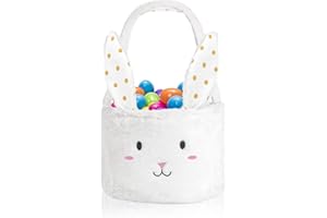 Evoio Easter Basket for Kids Toddler Girls Boys, Cute Fluffy Bunny Basket with Foldable Rabbit Ears Easter Egg Basket Bags Hunts Tote Perfect for Girls, Boys, Easter Decoration Party Holiday, White