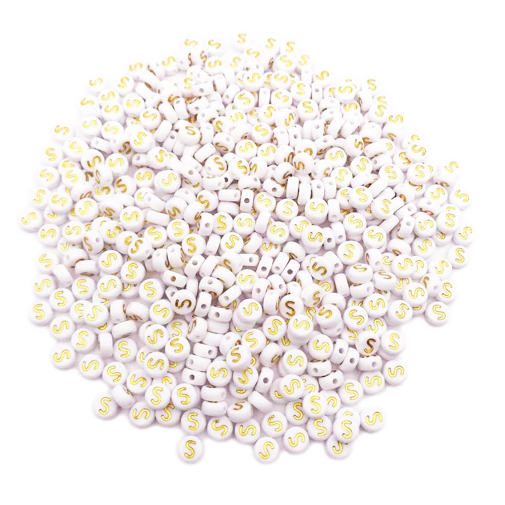 500PCS 4x7mm Acrylic Letter Beads S for Friendship Bracelets Jewelry Making, White Flat Round Acrylic with Golden Alphabet Beads for DIY Crafts Bracelets Necklaces Key Chains Phone Lanyard