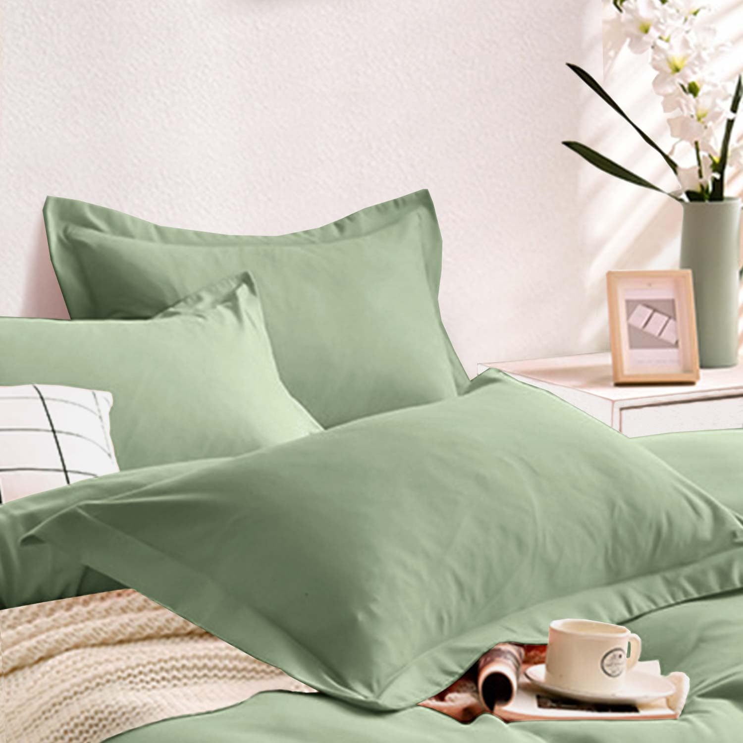 Photo 1 of 2 Pack Pillow Shams Set Standard Size, Soft Microfiber Pillowcases for Bed, 20x26 Inch, Solid Sage Green