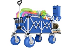 HAAGEEP Heavy Duty Beach Wagon with Big Wheels for Sand, 10" Wheel Collapsible Wagons Foldable Large Wagon Cart Folding All Terrain for Camping(Blue)