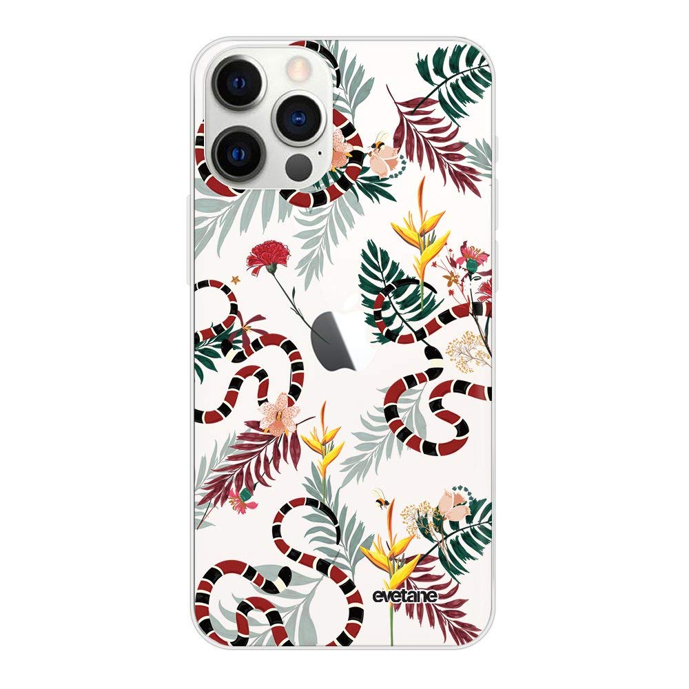 Evetane Case Compatible with iPhone 12/12 Pro Flexible Solid Silicone Ultra Resistant Thin Protection Case Transparent Snake and Flower Pattern Trendy Design