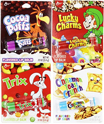 Set of 4 Novelty Flavored Lip Balms - Cereal Flavored - Candy Flavored - Perfect for Stocking Stuffers, Gifts, Personal Use, and More! (Cereal, 4)