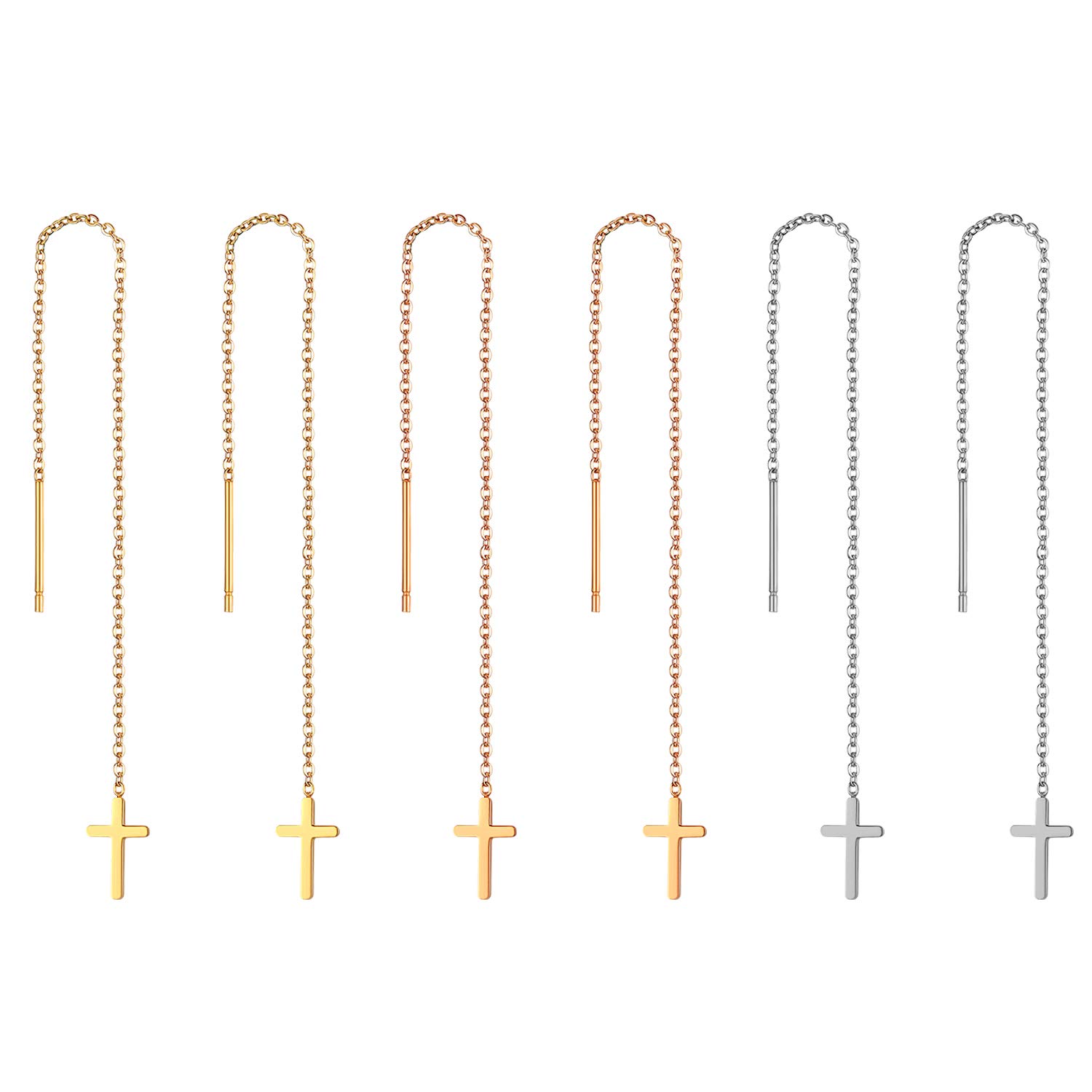 Cupimatch 3 Pairs Cross Tassel Threader Dangle Drop Earrings Set, Stainless Steel Ear Pierced Long Chain Earrings Set for Women Girls