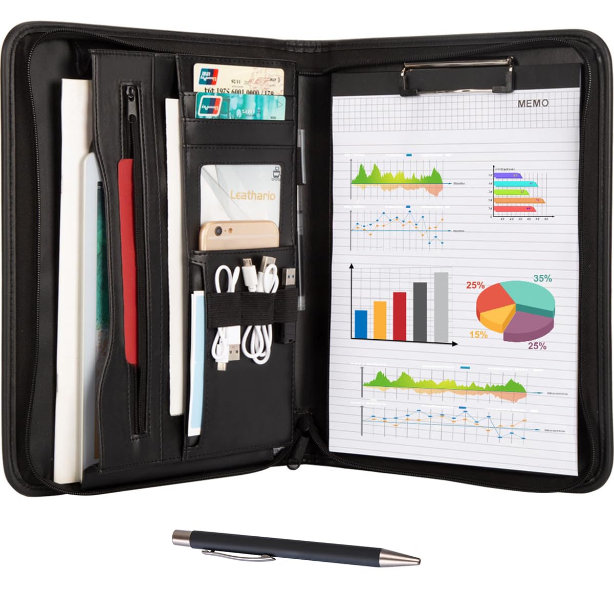 Leathario Portfolio Folder A4, Conference Folder with Notepad, Vegan Leather Travel Document Holder with Pockets for Tablets Notepads Files, Document Organiser, Office Supplies