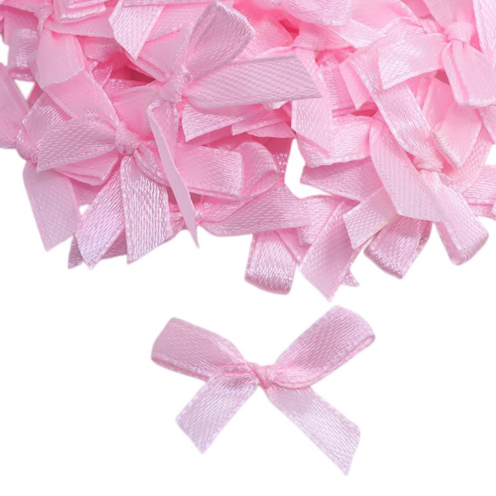 Pack of 100 6 mm Satin Ribbon Decorative Bows Ready Bow Gift Bows Satin Ribbon Bows for DIY Crafts Wedding Valentine's Day Christmas Decoration Card Making Embellishments Light Pink