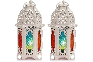 Nuptio Moroccan Style Candle Lantern - Great for Patio, Indoors/Outdoors, Events, Parties and Weddings (2 Pcs Small Size, Whi