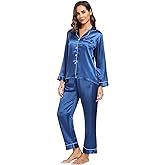 Super Shopping-zone Women's Satin Pajama Set Long Sleeve Pajamas Button Down Pjs Set Silky Sleep Set Sleepwear Loungewear