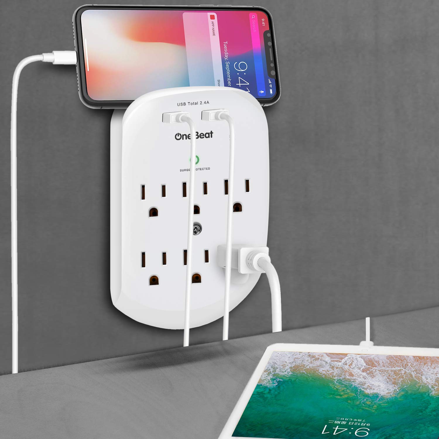 6 Outlet Surge Protector, One Beat Multi Outlet Wall Mount Adapter with 2 USB Charging Ports 2.4 A, 490 Joules, ETL Certified-White