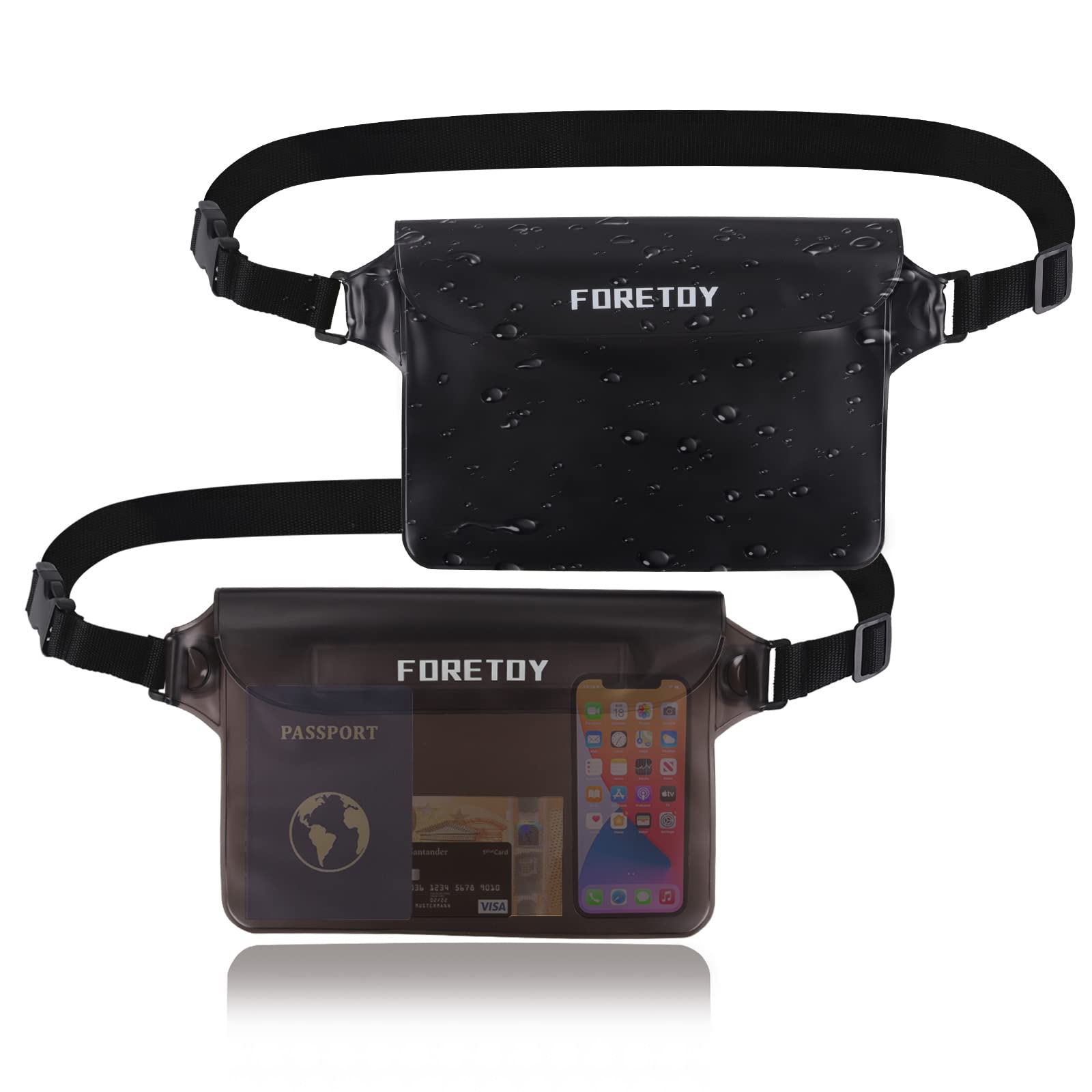 FORETOY Waterproof Pouch Bag, Waterproof Fanny Pack, Waterproof Bum Bag with IP68 Waterproof Mobile Phone Case for Water Sports, Beach, Swimming, Climbing, Transparent, 2 Pieces