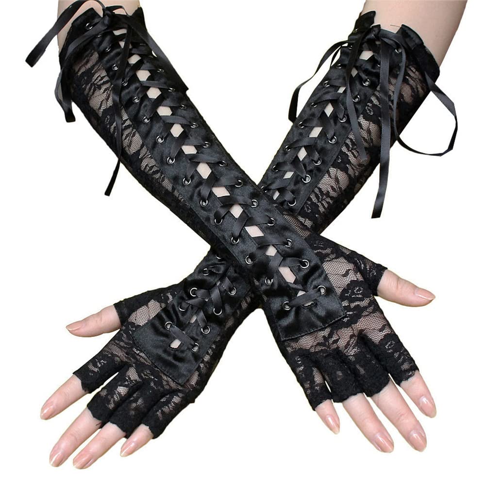 QUUPY 1 Pair Lace Gloves Long Gloves Punk Gloves Elbow Length Lace up Flirting Gloves Women Sexy Gloves for Halloween Party Costume Accessory Evening Party (Black)