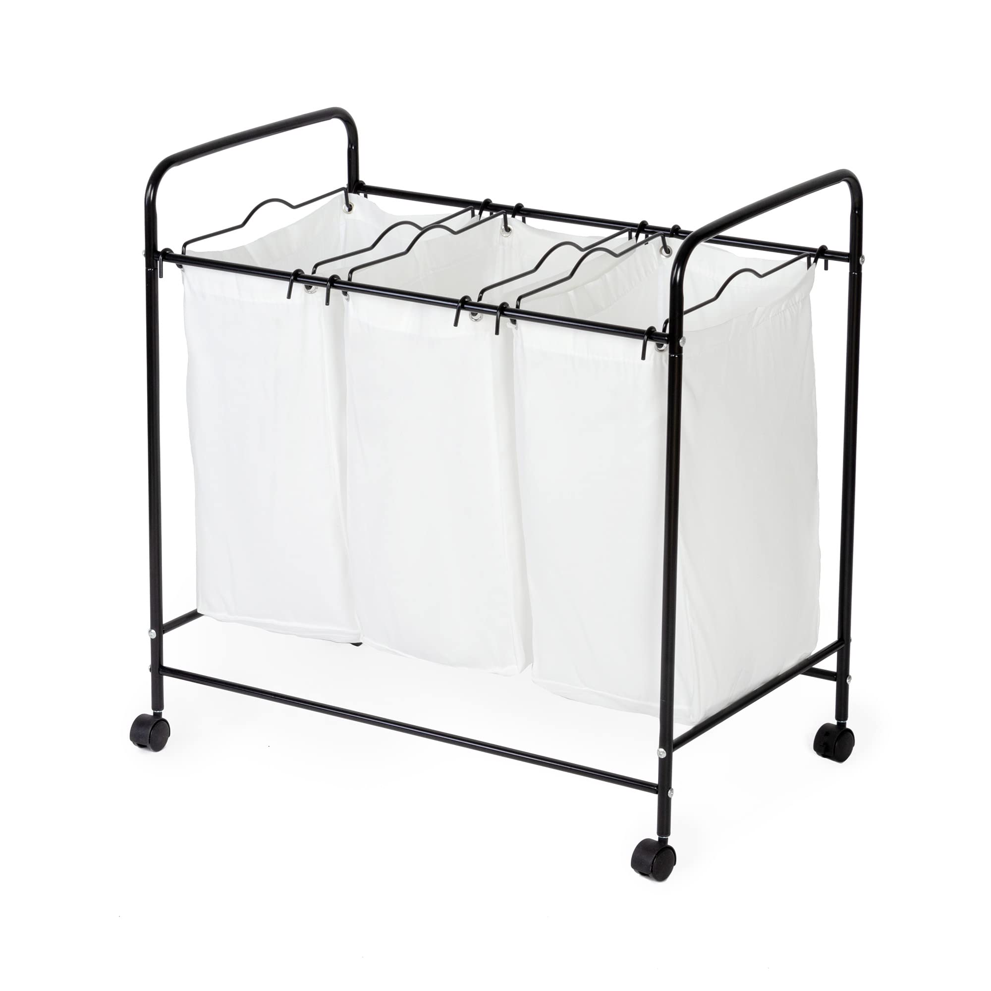 Compactor 3 Compartment Laundry Basket on Wheels, Chrome Steel and Polycotton, 74 x 45.5 x 75 cm, White/Black, RAN10996
