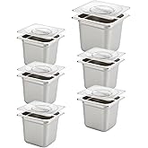 HECMAC 6 Pack Anti-Jam Hotel Pan with Clear Plain Lid, 1/6 Size 6 Inch Deep, Heavy Duty, Commercial Stainless Steel Chafing Steam Table Pan, Catering Storage Metal Food Pan, 23 Gauge