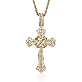LuxeFlex Gothic Iced Out Diamond Jesus Cross Necklace with 20" Stainless Steel Rope Chain, 14K Gold Plated Pendant Religious Faith Cross Jewelry Gifts, Underground Hip-Hop Jewelry for Men Women