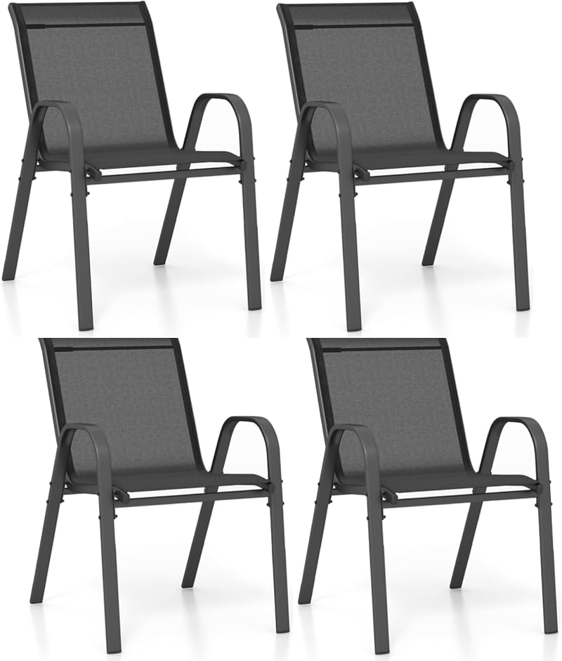 TANGZON Garden Dining Chairs Set of 4 Black Stackable Outdoor Armchairs