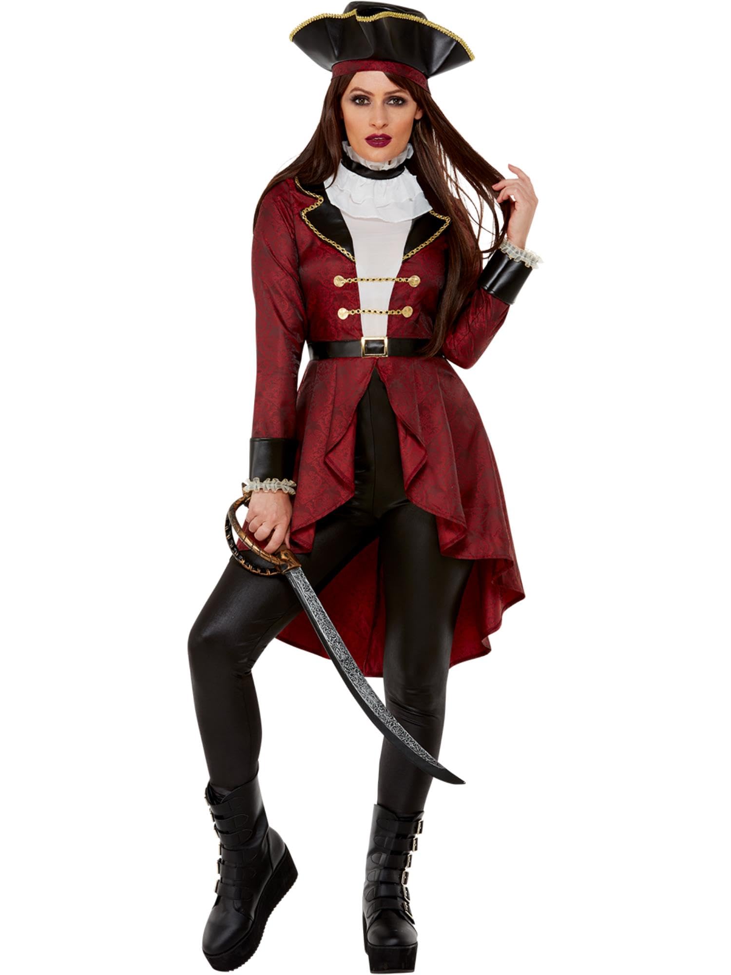 Smiffys Deluxe Swashbuckler Pirate Costume, Burgundy Jacket, Leggings, Neck Ruffle & Hat, Pirate Fancy Dress, Pirate Dress Up Costumes