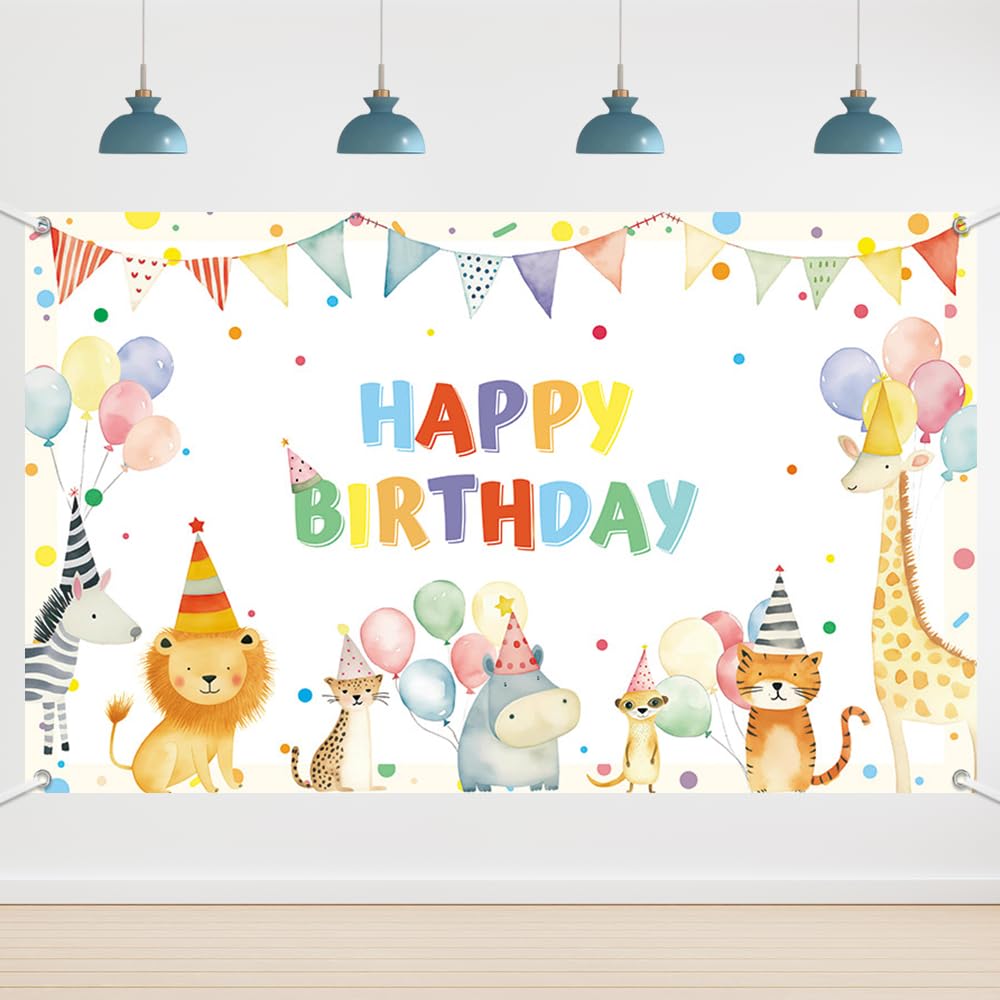 Photo 1 of 6x3.6ft Watercolor Animal Theme Happy Birthday Banner Decorations Colorful Flags Party Hats and Ballons Birthday Party Photo Props