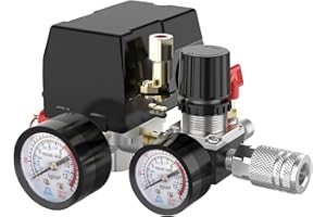 Air Compressor Pressure Switch Control Valve, cnaodun 90-120 PSI Air Compressor Switch Equips Four-port Pressure Regulator Gauge 1/4 NPT Thread