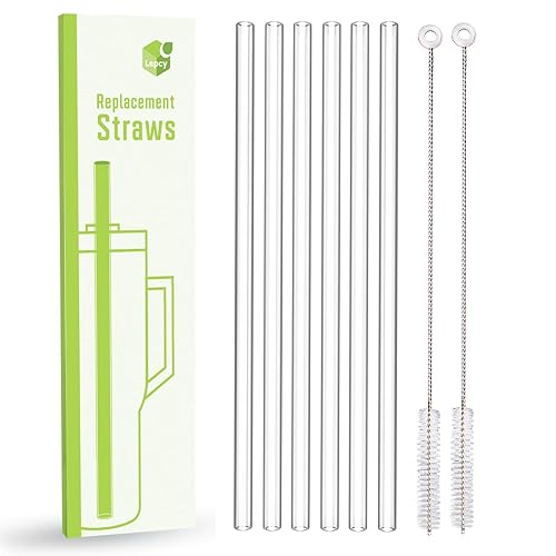 LEPCY 12 inch Reusable Straws for Stanley & Simple Modern 40 OZ Tumbler. 6 Plastic Replacement Straws + 2 Cleaning Brush. Clear and BPA Free, Protective Brush Handle Protects Your Finger