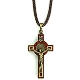 Catholica Shop Saint Benedict Medal Wood Crucifix Cord Necklace for Men & Women – Handcrafted Religious Pendant, Healing, Travel Protection, Perfect for Gifting on Special Occasions, Made in Brazil