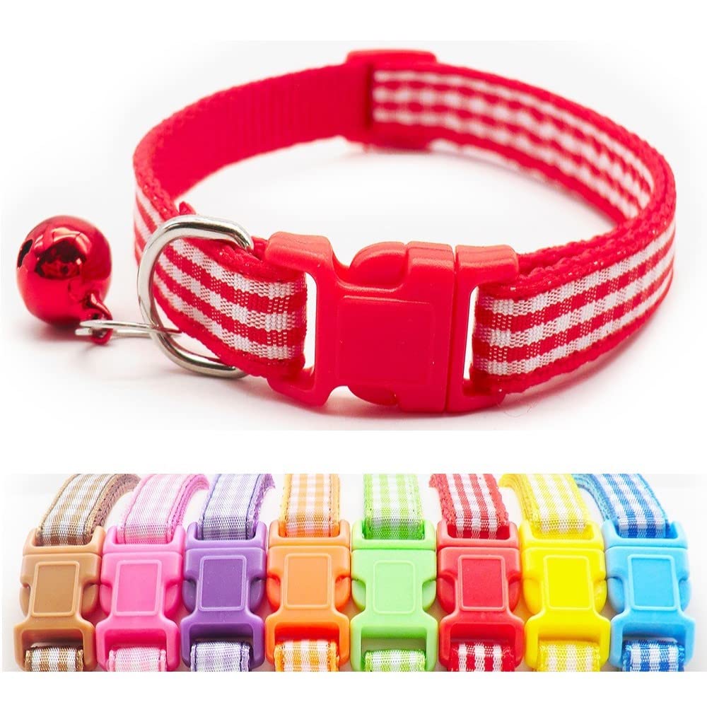Small Dog Puppy Pet Collar Check Checkered Design with Bell Nylon Adjustable Size 19-32cm Red