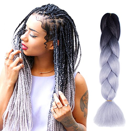 JIAMEISI 24 inch Two Tone Ombre Jumbo Braid Hair Extension 5Pcs/Lot 100g/pc Kanekalon Fiber for Twist Braiding Hair (Black-Silver Grey)
