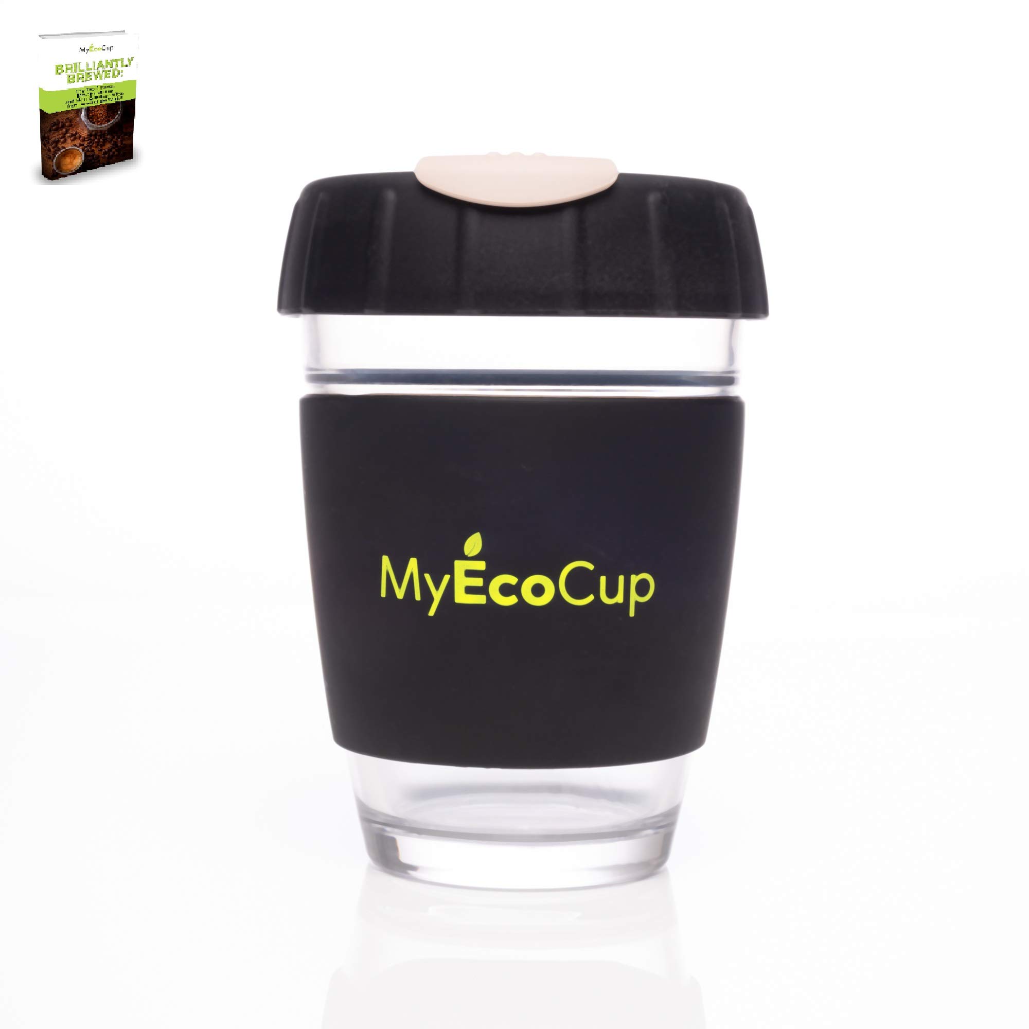 MyEcoCup Eco Friendly Glass Coffee Cups 12oz. Reusable Travel Mug & Portable Keep Cup for Tea, Latte, Americano & Iced Drinks! Take Away Mugs Include Smart Slip & Secure Lids with Insulated Handle - Black