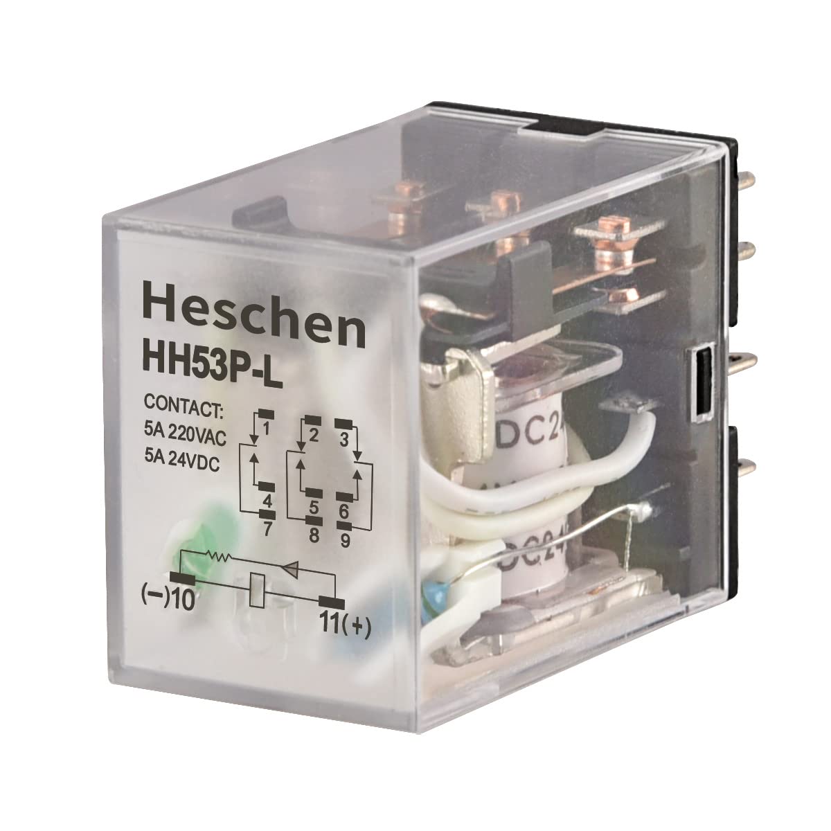 Heschen Gereral Purpose Power Relay, HH53P-L, 24VDC Coil, 5A 220VAC/24VDC, 3PDT, 11 Pin Terminals, LED Indicator