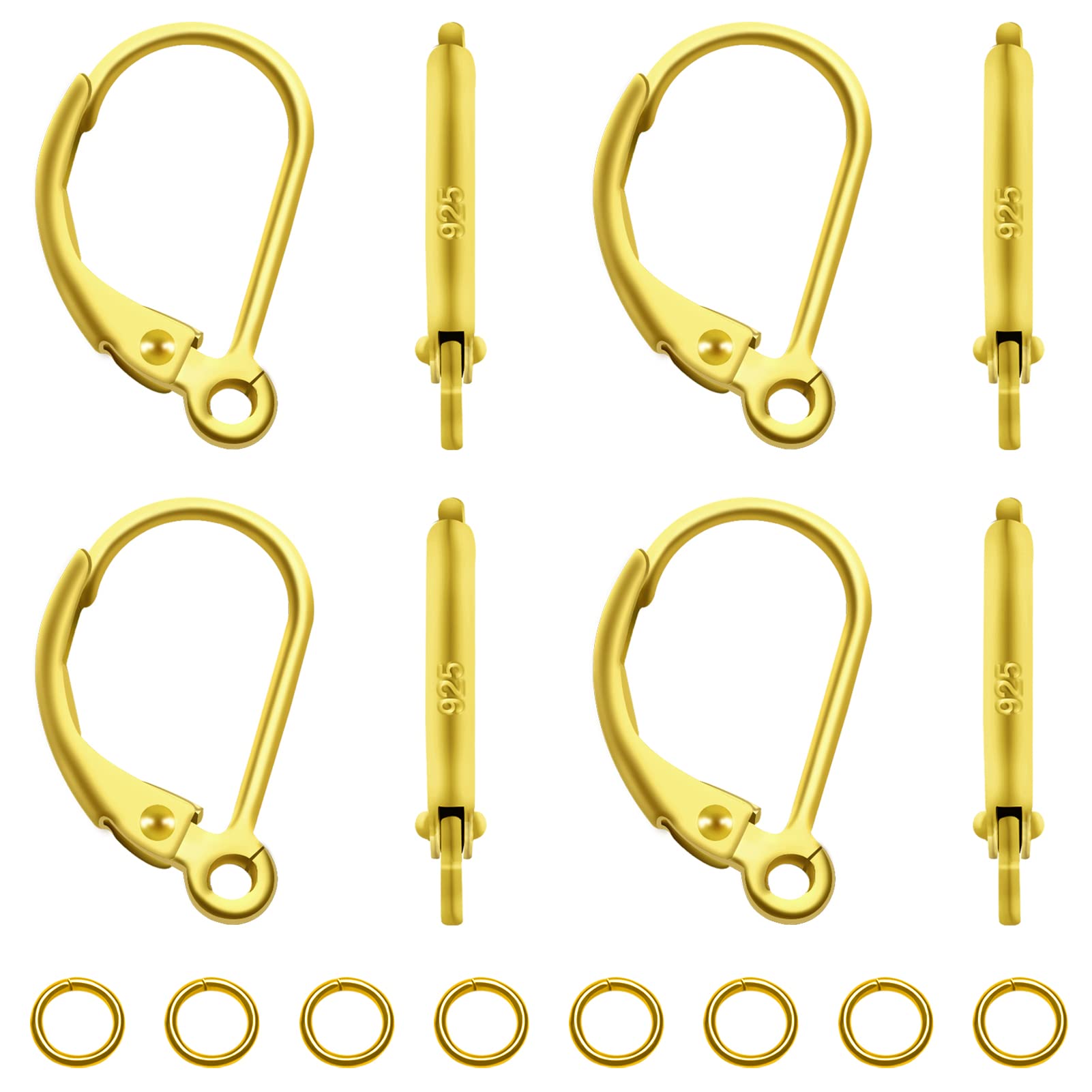 TOAOB 8pcs 925 Sterling Silver Gold Earring Hooks with 10pcs Jump Rings Leverback French Ear Hook Ear Wire for DIY Jewelry Earring Making Supplies