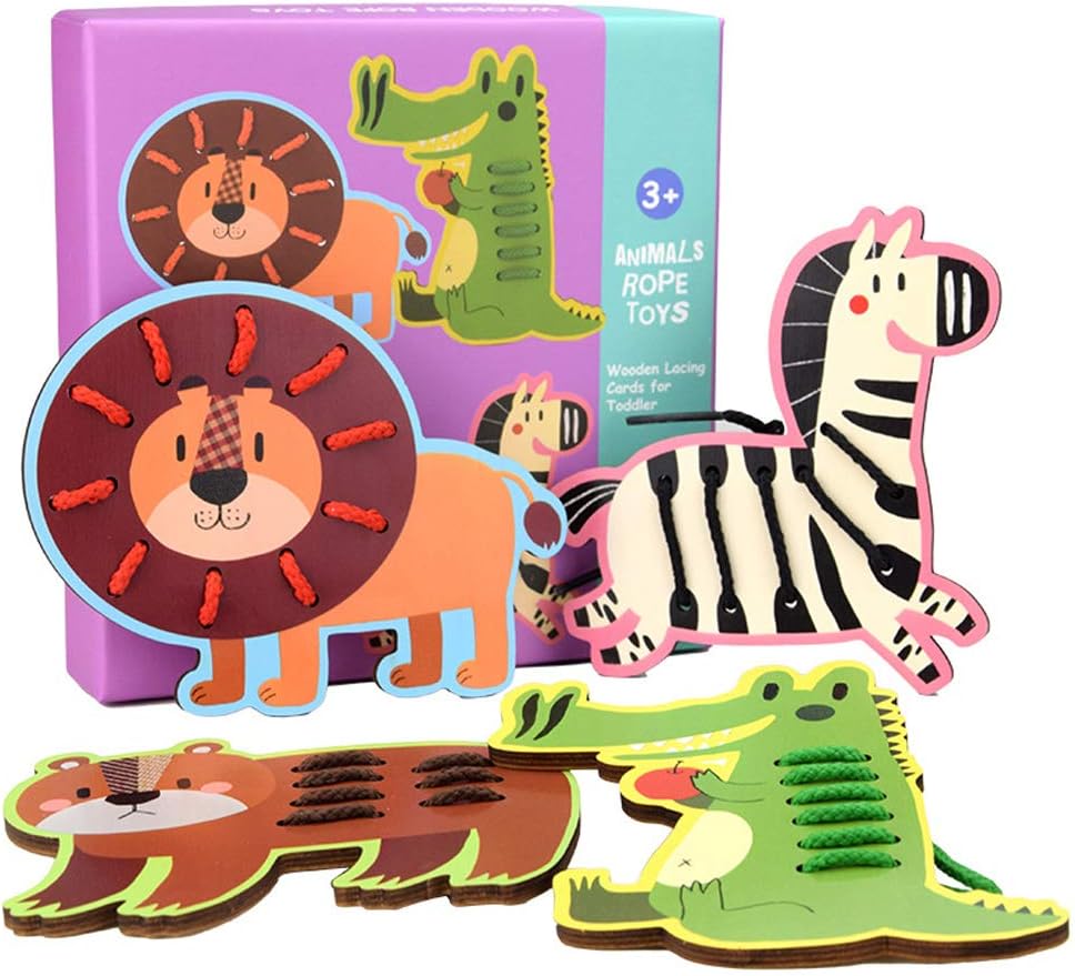 Katedy Wooden Lacing Cards for Toddlers, Animals Rope Toys 5 Wooden Panels and 5 Matching Laces