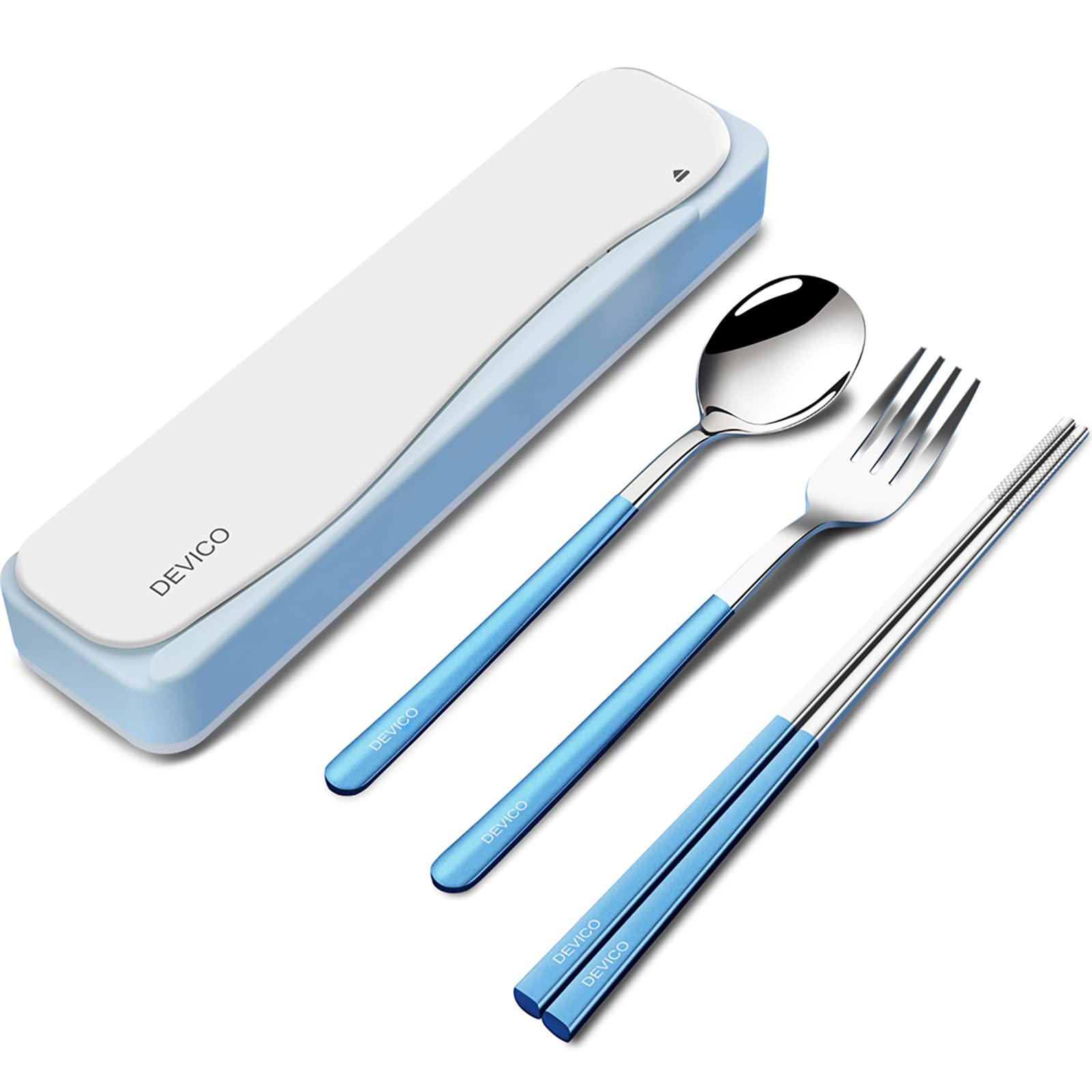 DEVICO Travel Cutlery Set, Camping Cutlery Set for 1, Portable 18/8 Stainless Steel Camping Utensils Include Fork Spoon Chopsticks (Blue)