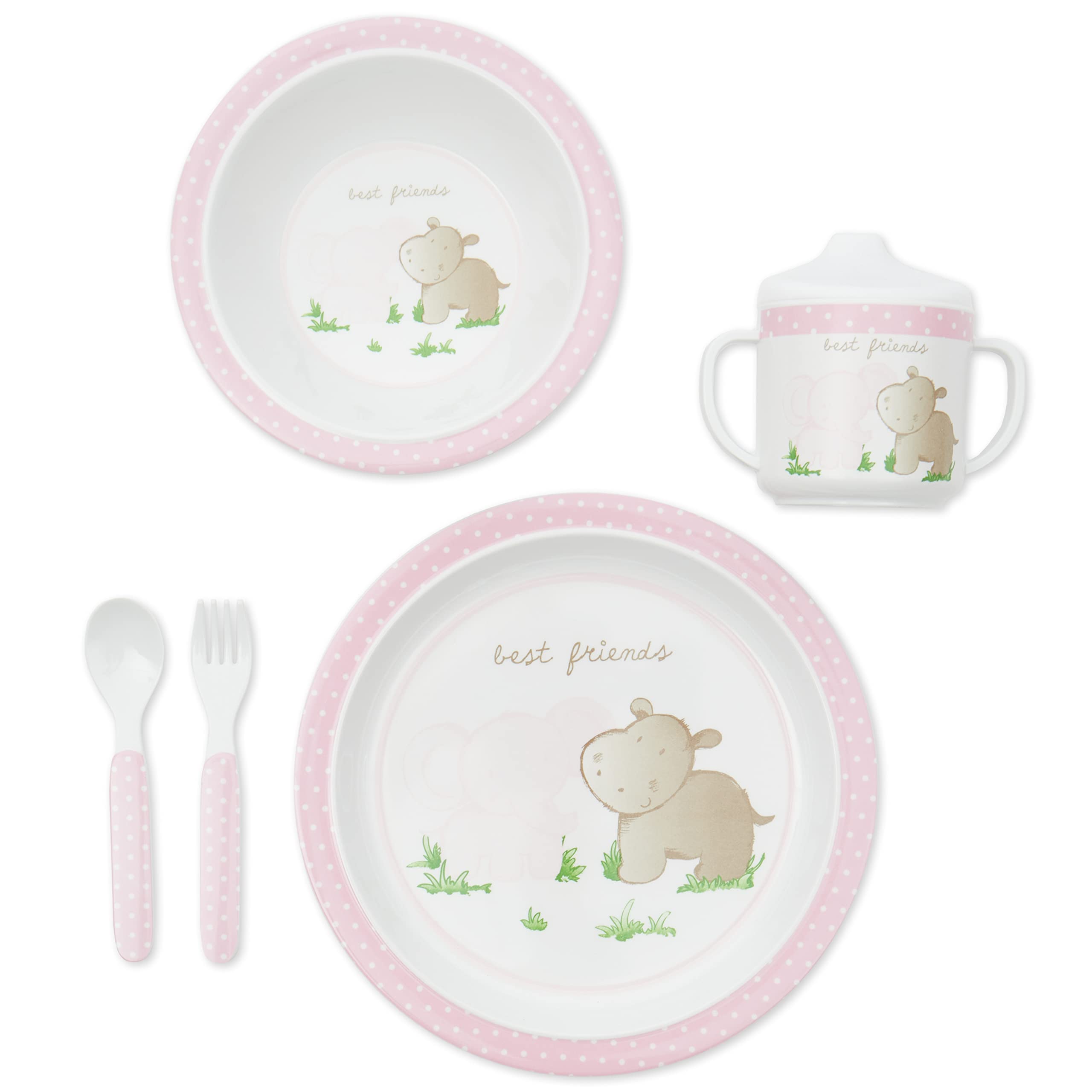 Bieco Baby Dinner Set with Animal Design | 5-Piece Baby Tableware | Melamine Children's Dishes | Feeding Set for Toddlers | Pink