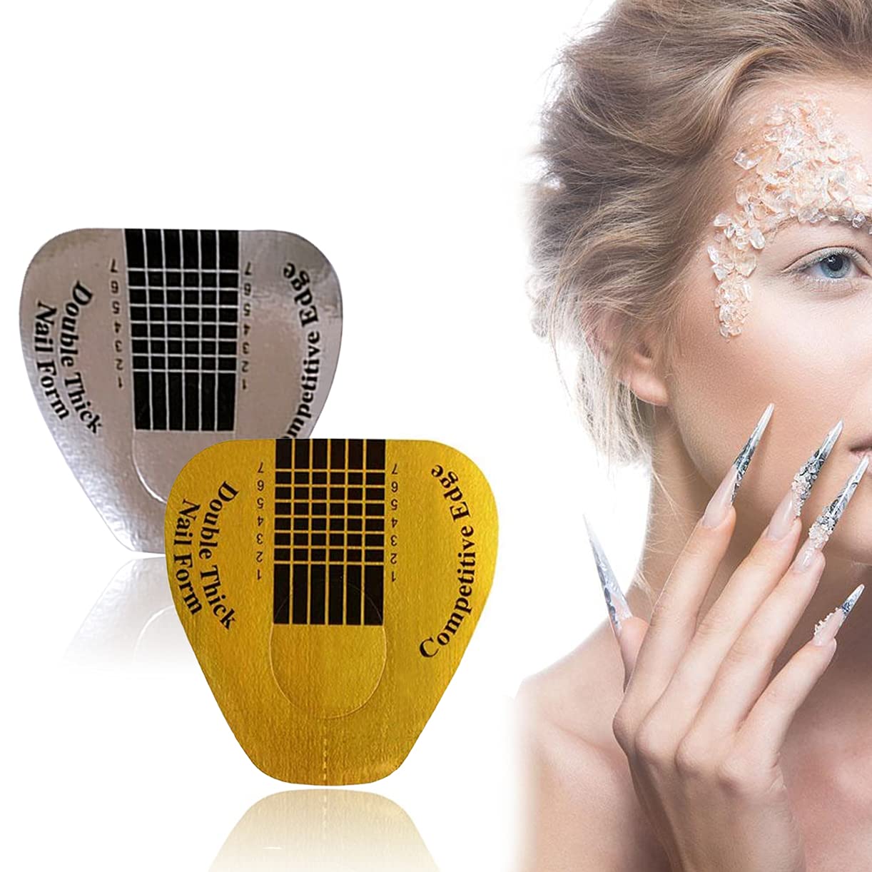 VNC 200Pcs Long Nail Forms Extension Set 100 Pcs Gold + 100 Pcs Silver Nail form guide stickers Thick Nail Art Tips Extension Forms Durable Acrylic Nail Paper Forms Numbers Marked Nail Former Stickers - Image 5