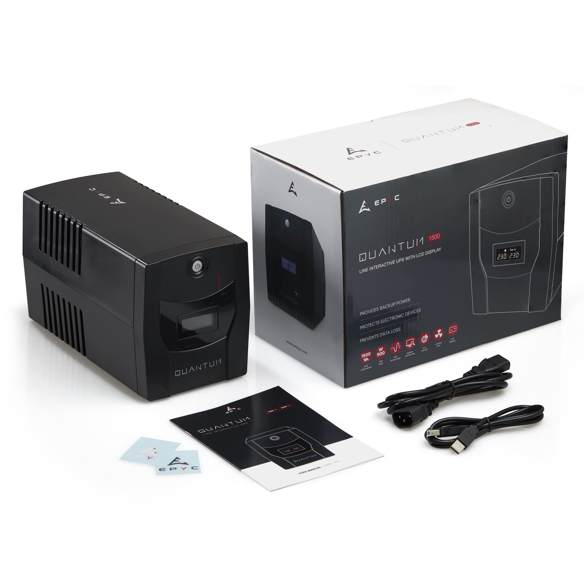 EPYC® Quantum - USV für Computer, 2200VA / 1320 Watt, UPS, Unterbrechungsfreie Stromversorgung für PC, Line Interactive, AVR, 5 Ausgängen (2X Schuko + 3X IEC), Maximale Autonomie, USV 230v 4