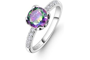 Lozeux Silver Plated Round Cut Created Rainbow Topaz Cubic Zirconia Filled Engagement Wedding Proposal Promise Heart Ring Band for Women Lovers