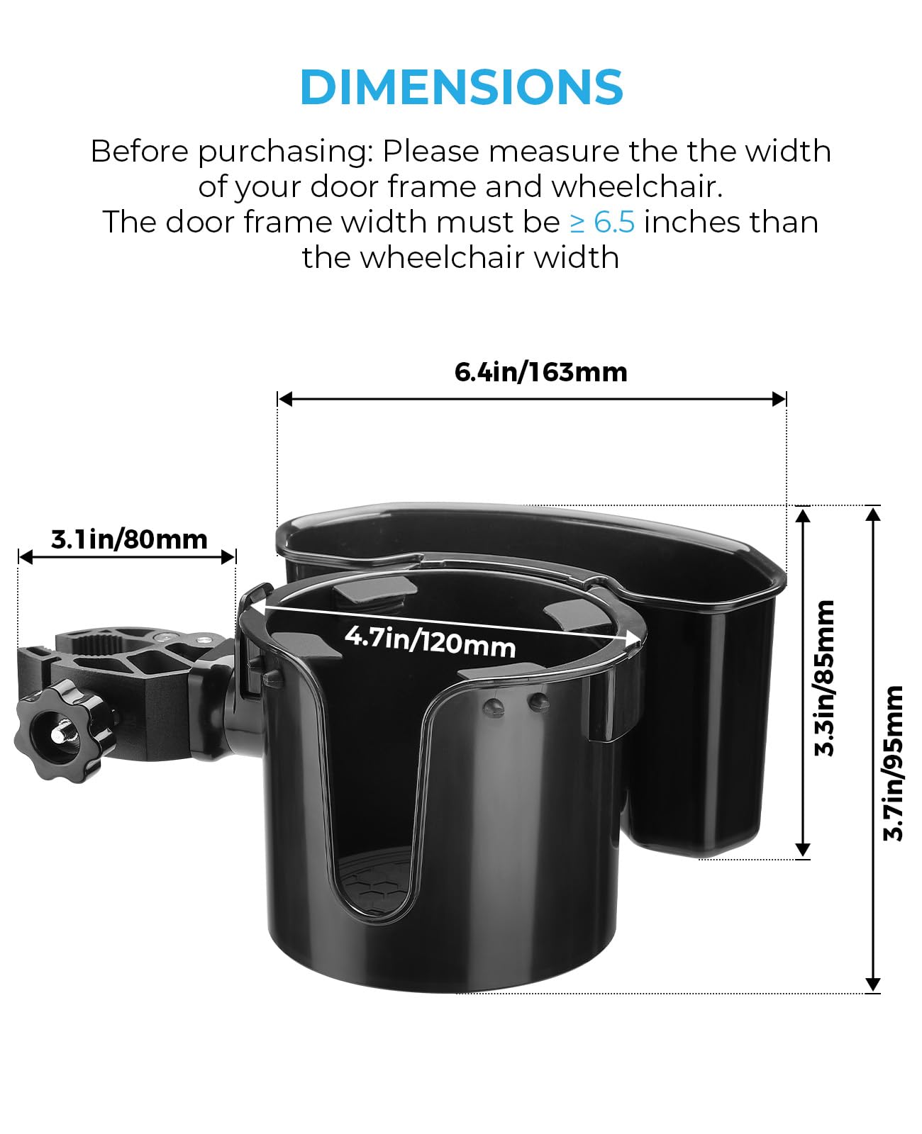 JOYTUTUS Wheelchair Cup Holder, 2-in-1 Walker Cup Holder with 6.4'' Large Storage Box, Drink Holder for Bottle with Handle, Fit for Wheelchair, Walker, Rollator, Stroller, Camper, Golf cart (Large)