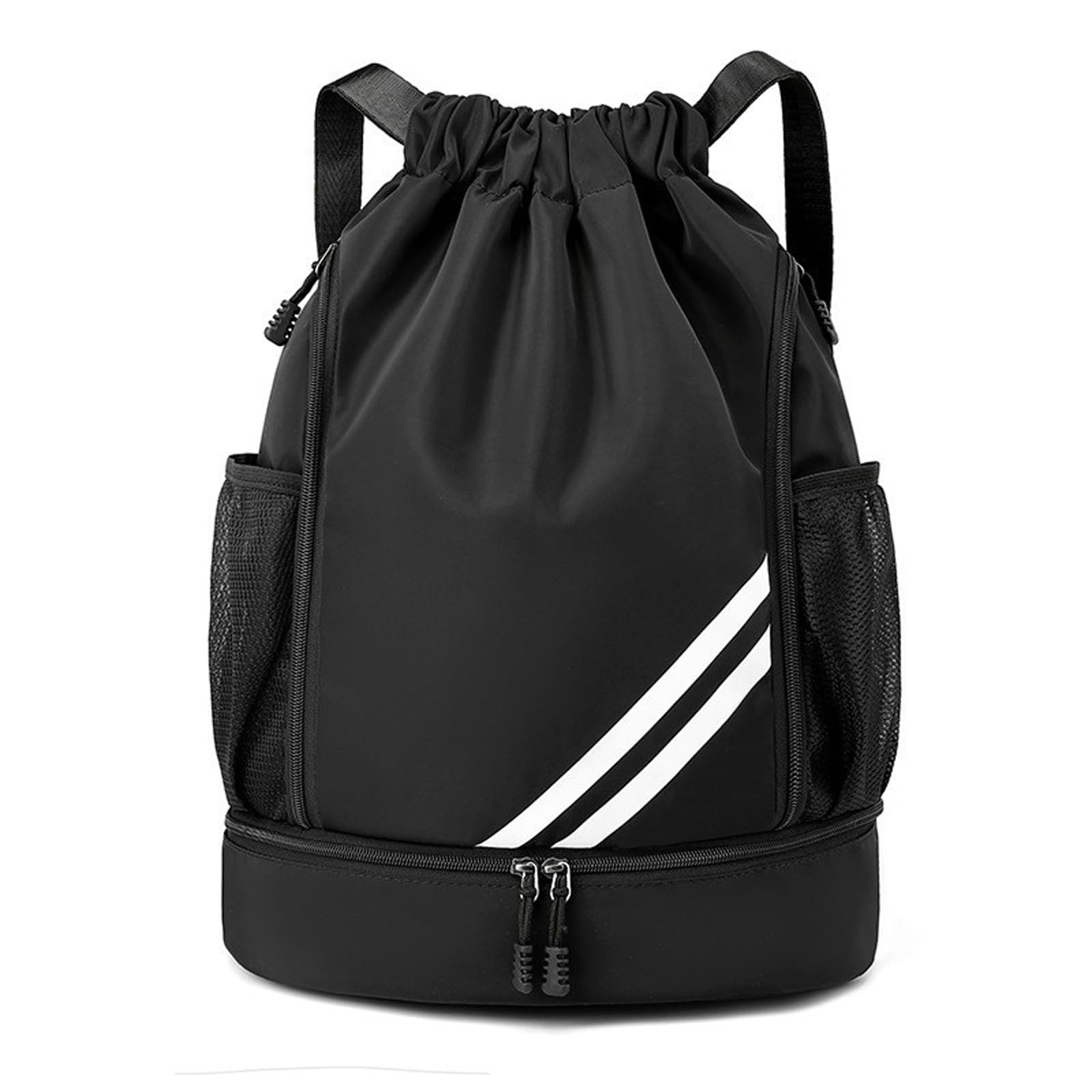 CCAIPU Drawstring Backpack, Waterproof Gym Sports Bag with Shoe Compartment Side Mesh Pockets for Women Men (Black)