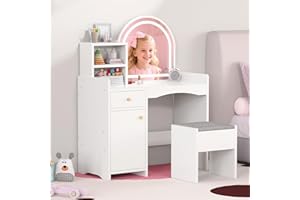Zupemo Kids Vanity Table and Chair Set with Lighted Mirror, Toddler Vanity for Girls with Stool, Storage Shelves and Drawer, Little Girls Vanity Set with Mirror and Lights, White