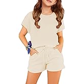 Haloumoning Girls 2 Piece Outfits Short Sleeve T Shirt and Drawstring Shorts Summer Clothing Sets
