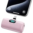 Mini Portable Charger USB C Power Bank,5000mAh PD Fast Charging Battery Pack Built-in USB-C Connector LCD Display Compatible with iPhone 16,15,15Plus,15 Pro/Max,iPad Pro,Android Phone etc-Pink