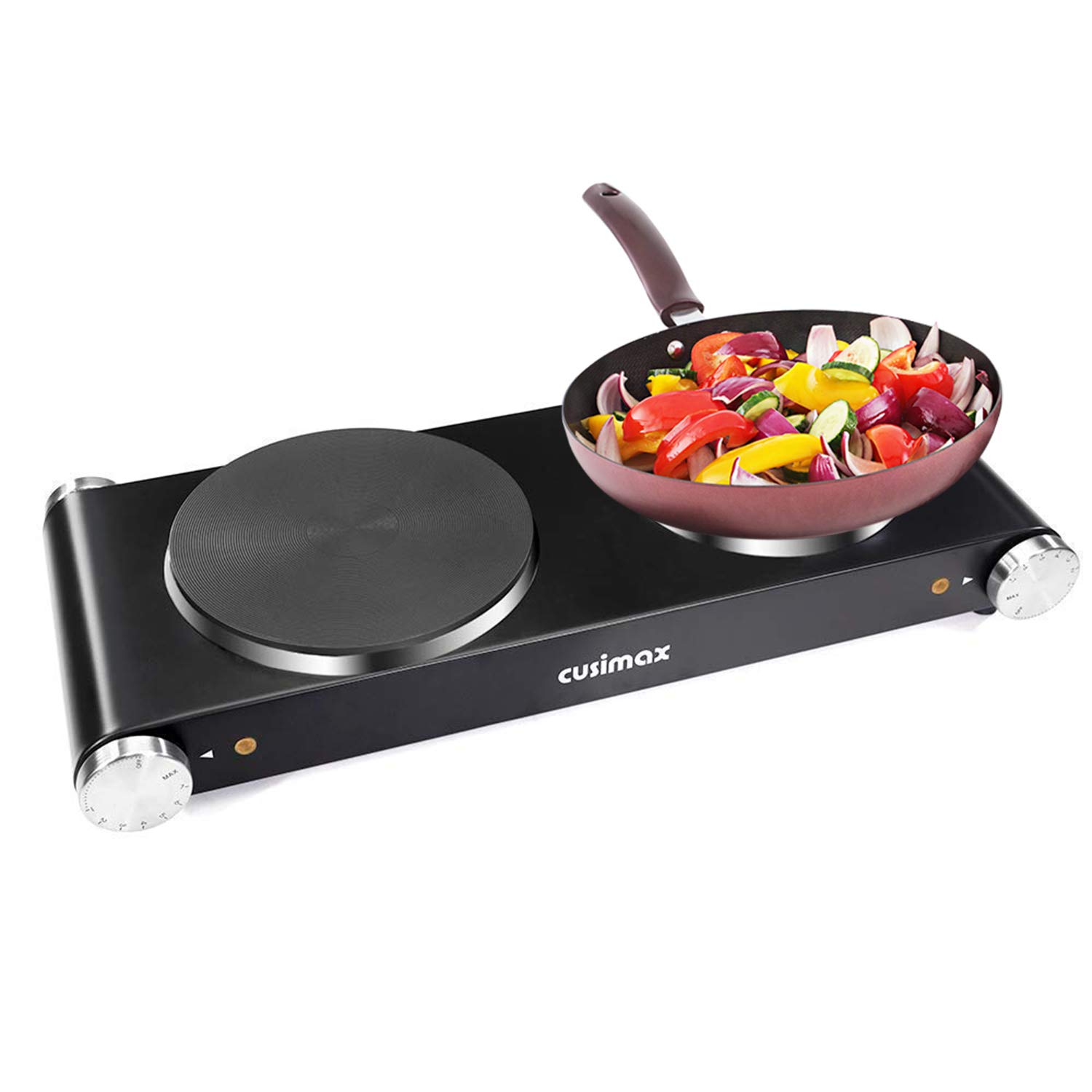 Cusimax Hot Plate Electric Double Burner Cast Iron Heating Plate Portable Burner Indoor&Outdoor Electric Stove 1800W with Adjustable Temperature Control Non-Slip Rubber Feet, Stainless Steel Easy To Clean