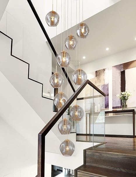 Amazon Co Jp 10ガラス玉階段 シャンデリアロングペンダントライトデュプレックス建物大きなシャンデリアリビングルームヴィラ中空モダンミニマリスト階段ランプ40x0cm 色 灰色 ホーム キッチン